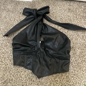 Missguided Black Faux Leather Halterneck Corset Crop Top